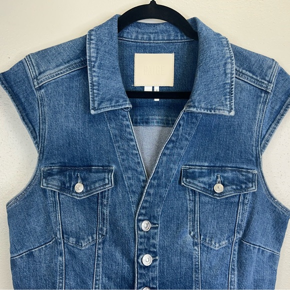 PAIGE Jaxson Blue Denim Mini Dress Womens 10 Vneck Cotton Pockets Classic - Picture 5 of 12